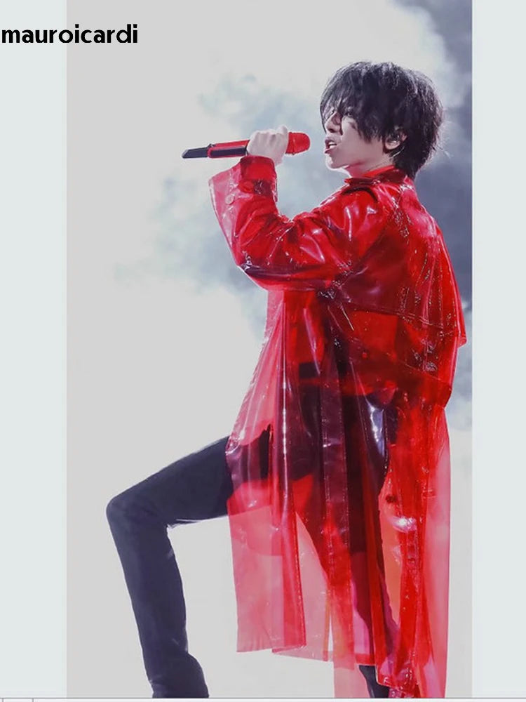 Cool Long Red Transparent Faux Trench Coat Men Double Breasted Luxury Designer Emo Clothes
