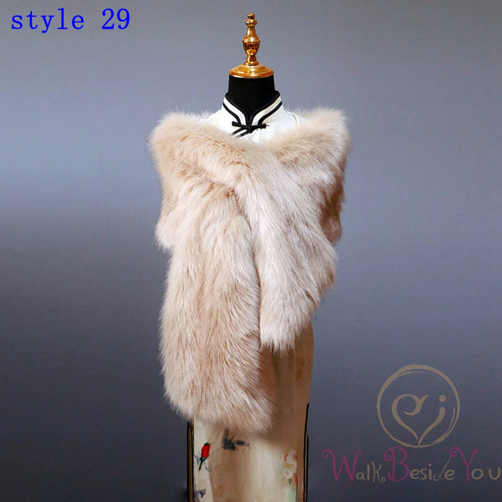 "Mannequin showcases elegant faux fur cape. Beige