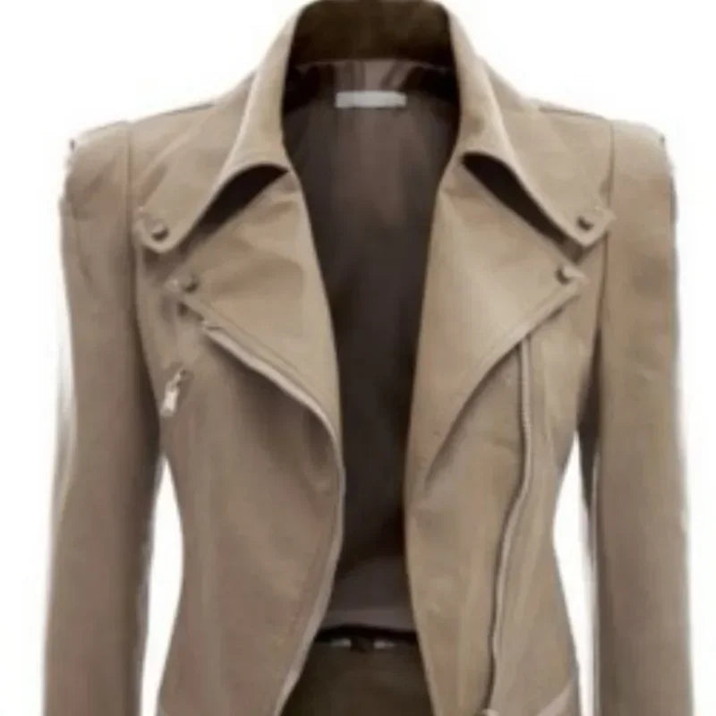 Tan, edgy, gothic-style faux leather jacket.