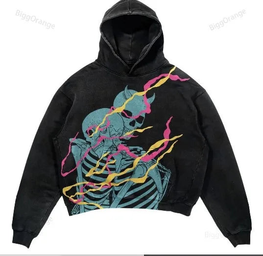 A black hoodie featuring a graphic design of skeletons and abstract colorful lines on the front, this Maramalive™ Explosions Printed Skull Y2K Retro Hooded Sweater Coat Street Style Gothic Casual Fashion Hooded Sweater Men's Female blends dark themes with vibrant artistry.