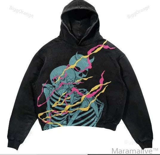 Explosions Printed Skull Y2K Retro Hooded Sweater Coat Street Style Gothic Casual Fashion Hooded Sweater Men's Female