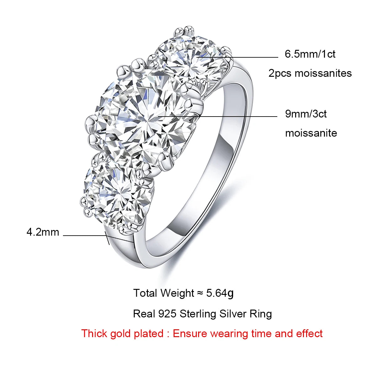 5cttw D Color Moissanite Luxury Three Stone Engagement Ring 925 Silver Rings 18K Gold Plated Custom Jewelry