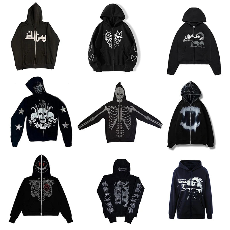 Rhinestone Skull Y2k Gothic Punk Black Oversized Long Sleeve Zip Up Hoodie Harajuku Hip Hop Streetwear Grunge Fashion Sweatshirt