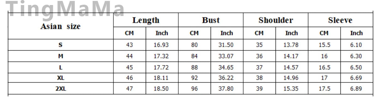 Size chart showing measurements (length, bust, shoulder, sleeve) in centimeters and inches for Asian sizes S, M, L, XL, and 2XL. Perfect for those looking for a slim fit with a touch of Y2K style. This Maramalive™ future milf goth graphic aesthetic crop top Woman fashion streetwear fairycore vintage cropped crop top is just what you need!