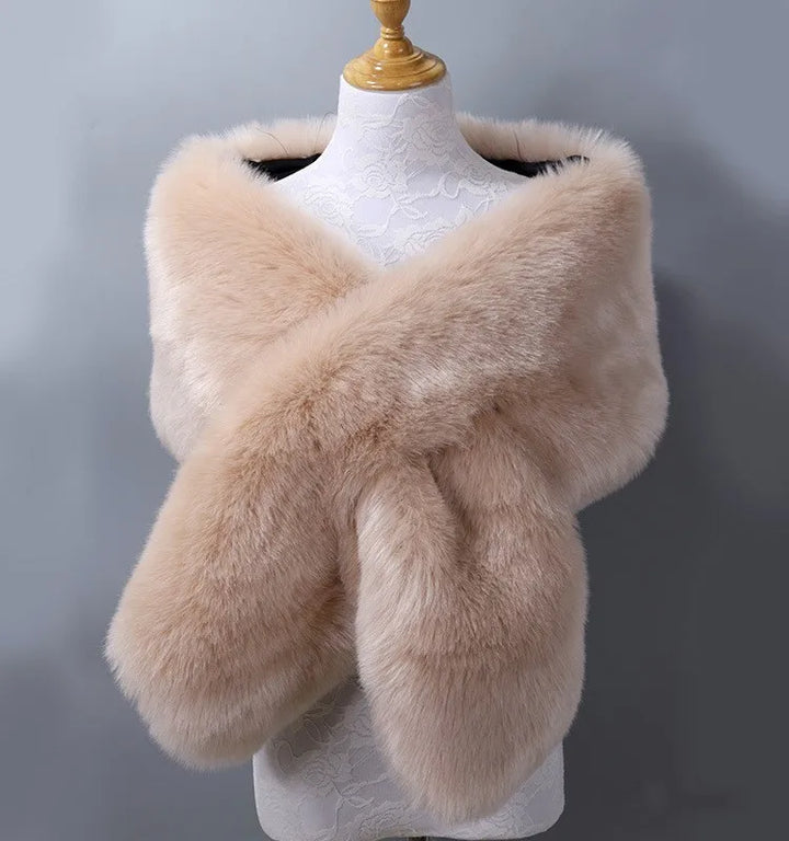 A white mannequin display features a Maramalive™ 42 Colors 165*28cm Brown Faux Fur Wedding Shawl Woman Party Stoles Bride Cape Cloak Winter Bridal Wrap Bolero Accessory Stock with a cross-over design, perfect for wedding accessories.