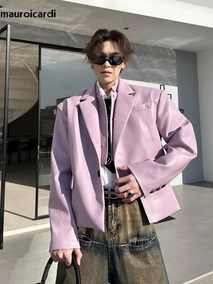 Short Loose Casual Black Purple Soft Pu Leather Blazer Jacket Men Luxury Designer Fake 2 Clothes 2023