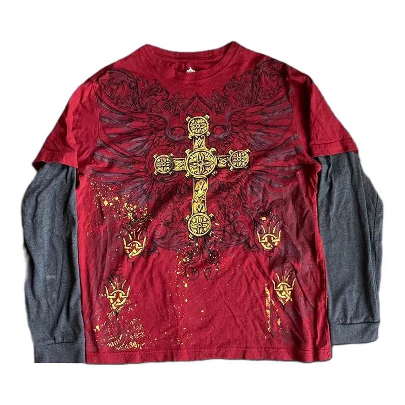 A red long-sleeve t-shirt with grey sleeves underneath, a Maramalive™ 2000s Retro Grunge Indie Mall Goth Tees Vintage Graphic Patchwork Long Sleeve T-shirt Y2K Aesthetic Emo Women Men Tops Clothes, features a large, ornate gold cross with wings and intricate designs on the front, giving it a distinct fairy tale flair.