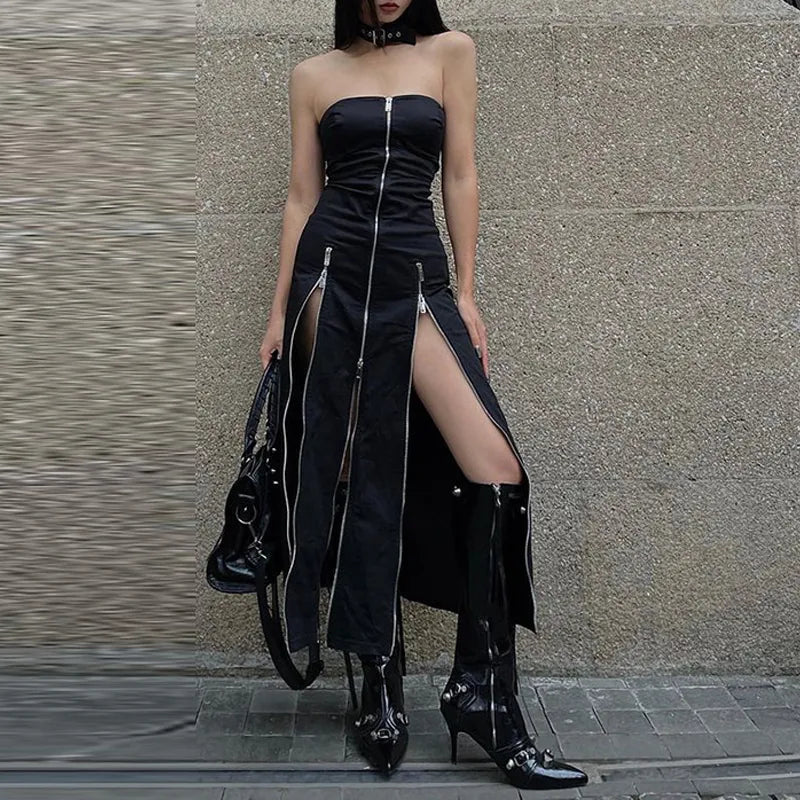 Goth Dark Techwear Fashion Zip Up Midi Dresses Cyber Y2k Mall Gothic Split Women Tube Dress Partywear Punk Off Shoulder Outfits