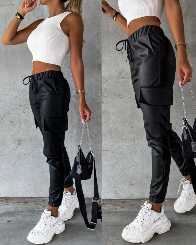 Women Leather Pants Spring Pocket Design Elastic Waist Pu New In Clothing Casual Trousers Sport Jogging Streetwear Cargo Pants