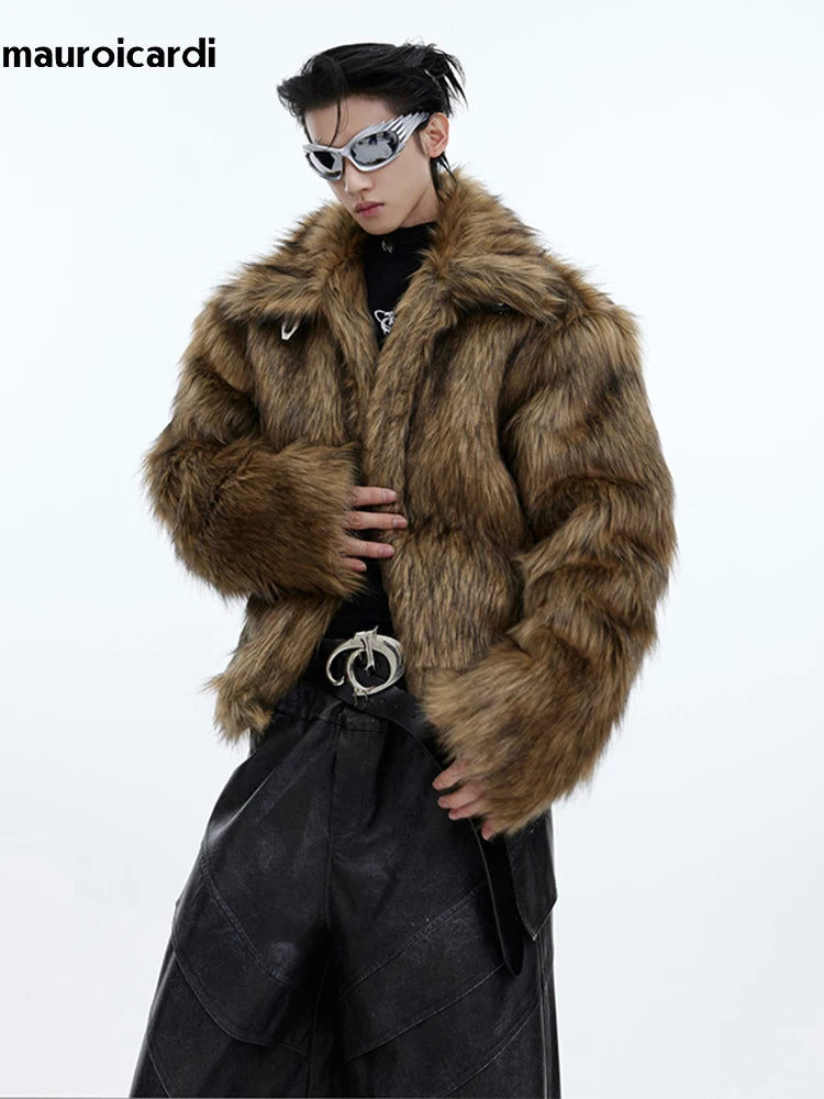 Winter Short Thick Warm Brown Hairy Soft Faux Fur Coat Men with Turn-down Collar Long Sleeve Fluffy Jackets 2024