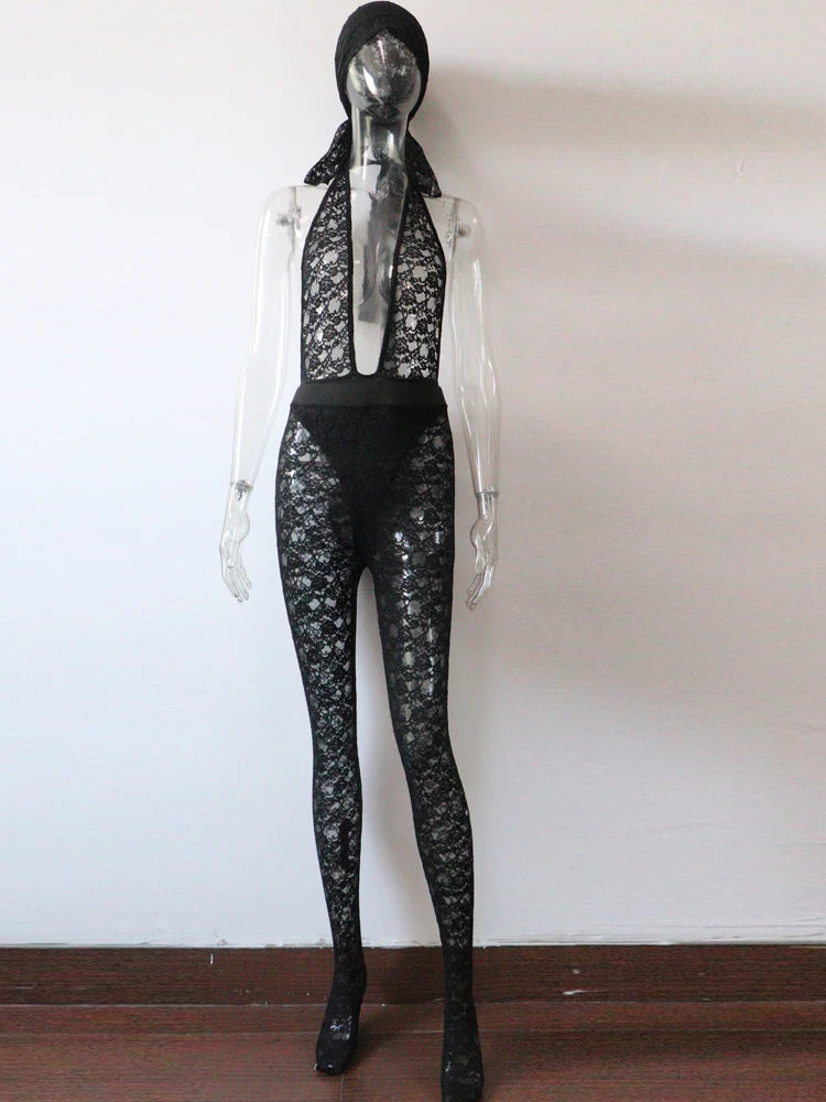 "Seductive dark lace lingerie on model"