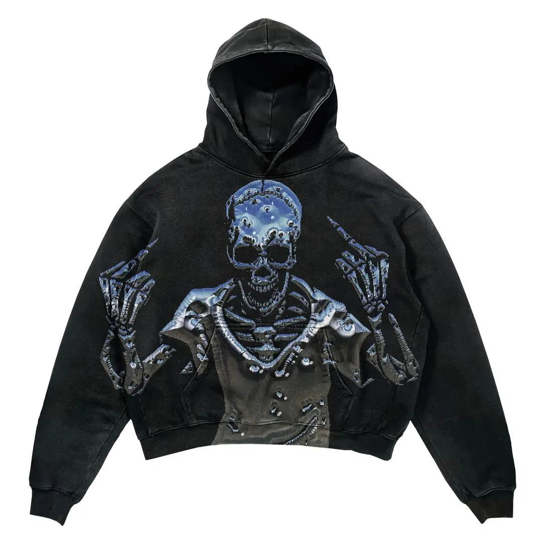 A Maramalive™ Explosions Printed Skull Y2K Retro Hooded Sweater Coat Street Style Gothic Casual Fashion Hooded Sweater Men's Female featuring a graphic of a skeleton with its middle fingers raised, wearing a partially torn shirt, and hood up.