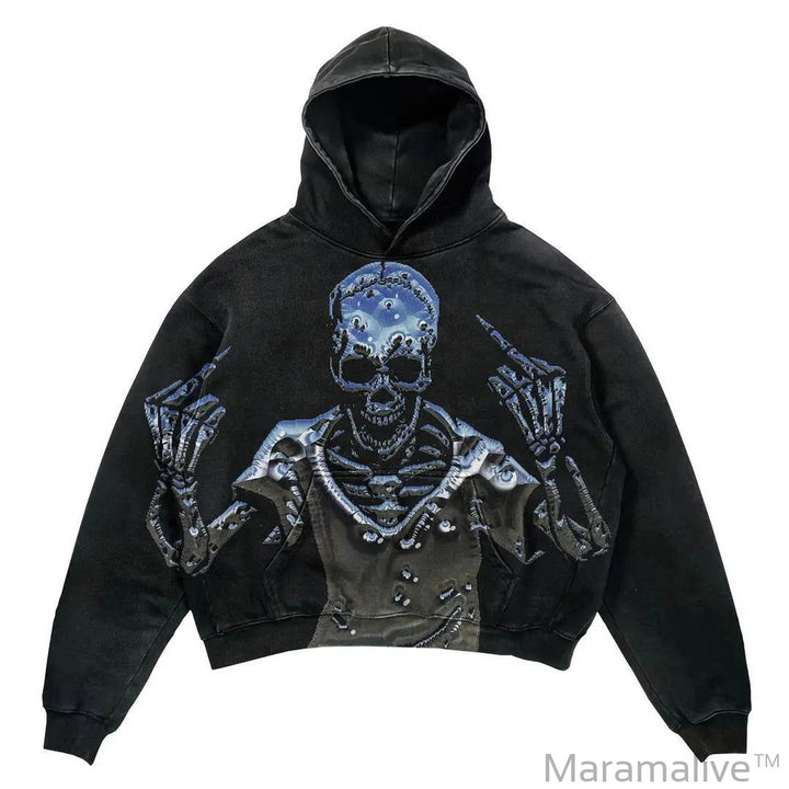 Explosions Printed Skull Y2K Retro Hooded Sweater Coat Street Style Gothic Casual Fashion Hooded Sweater Men's Female