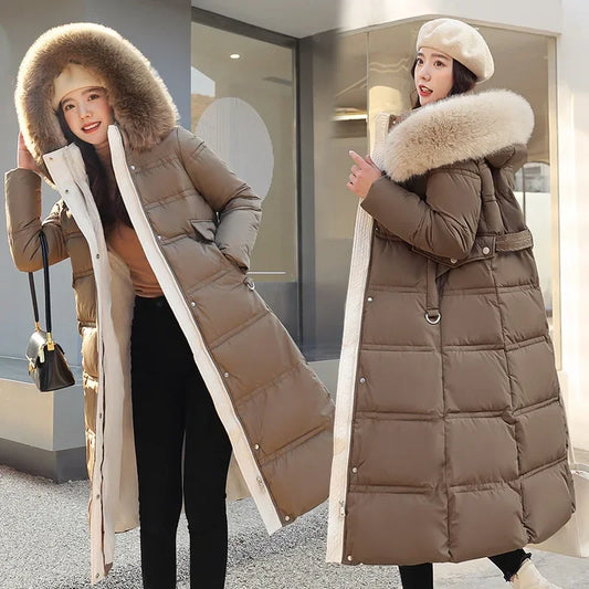 Winter New Down Cotton Parkas Jacket Women's X-Long Faux Fur Collar Padded Jacket Thick Loose Large Size Padded Jacket