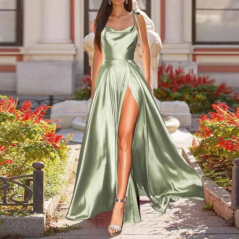 Sleeveless Split Front Backless Satin Maxi Dress Floor Length Long Evening Party A Line Gown