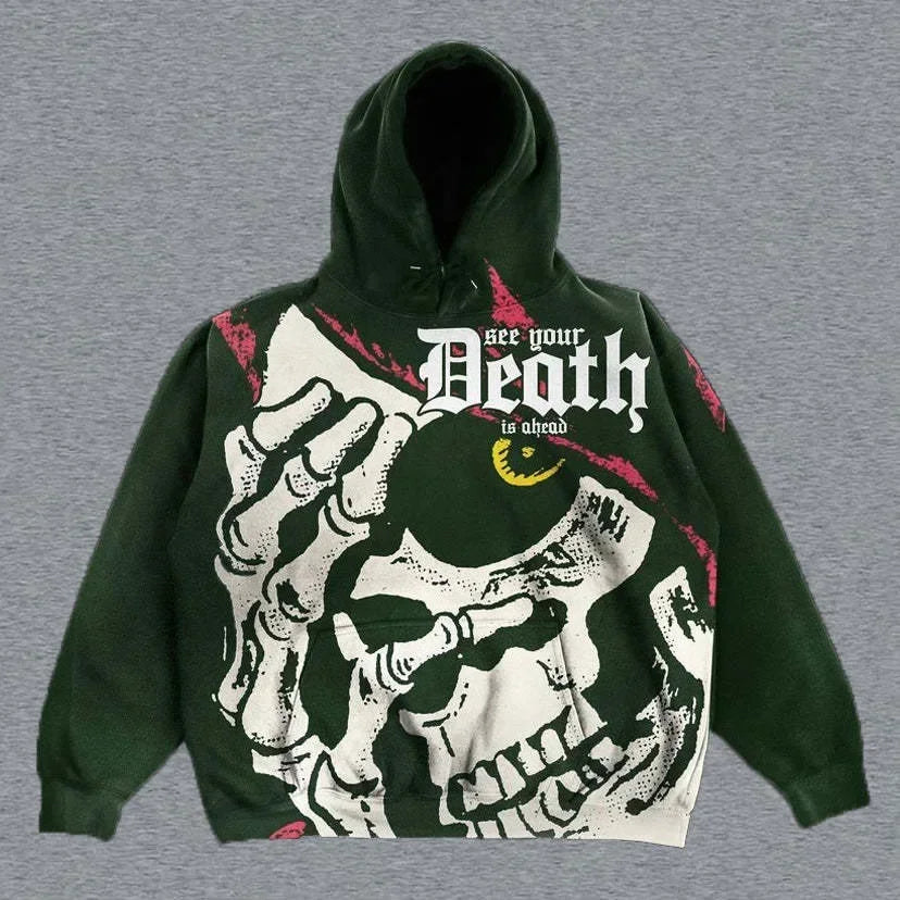 A dark green Maramalive™ Explosions Printed Skull Y2K Retro Hooded Sweater Coat Street Style Gothic Casual Fashion Hooded Sweater Men's Female depicting a large skull graphic on the front with a skeletal hand covering one eye. The text "see your Death is ahead" is printed in white over the skull. Perfect for fans of punk style, this hoodie is versatile enough for all four seasons.