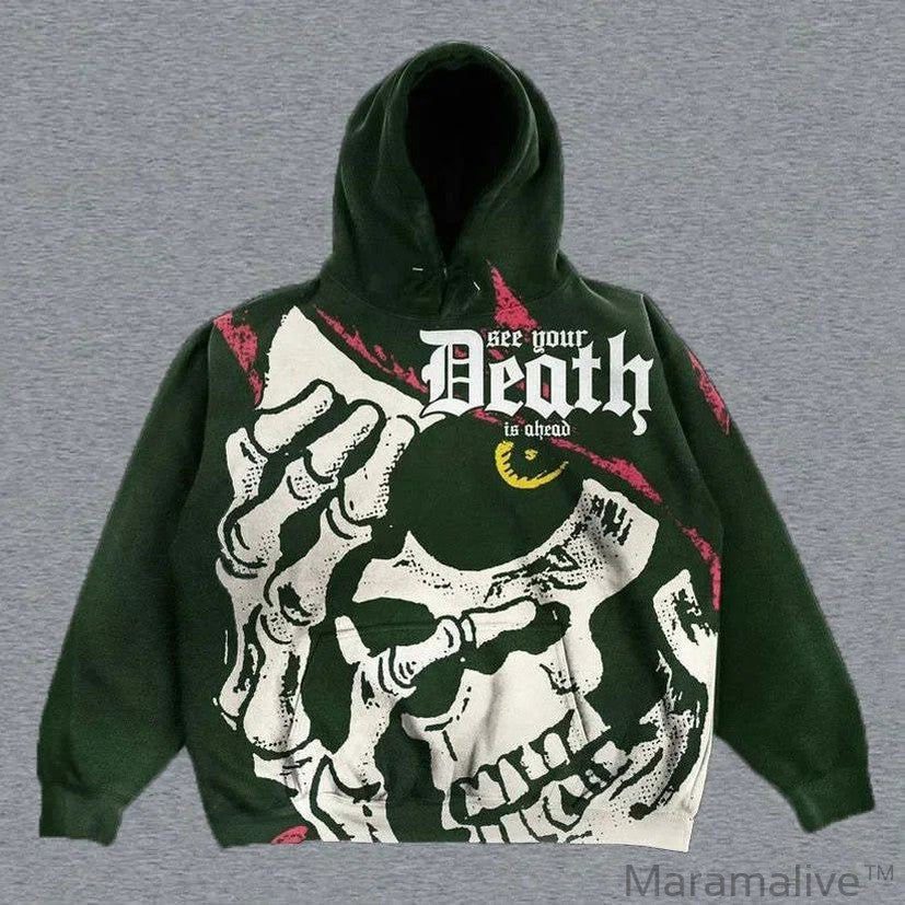 Explosions Printed Skull Y2K Retro Hooded Sweater Coat Street Style Gothic Casual Fashion Hooded Sweater Men's Female