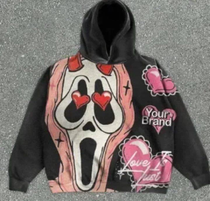 A black Maramalive™ Explosions Printed Skull Y2K Retro Hooded Sweater Coat Street Style Gothic Casual Fashion Hooded Sweater Men's Female with a crying face and heart eyes graphic, pink and red accents, and the text "Your Brand" on one arm and "Love Lust" on the other—perfect for men's fashion enthusiasts who embrace punk style.