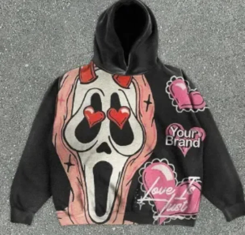 A black hoodie in punk style featuring a large graphic of a screaming face with red heart eyes, horn-like shapes, and pink details. The text "Maramalive™" and "Love I Just" appear alongside pink heart illustrations. Perfect for those looking to add edgy men's clothing to their wardrobe, the Explosions Printed Skull Y2K Retro Hooded Sweater Coat Street Style Gothic Casual Fashion Hooded Sweater Men's Female is an excellent choice.