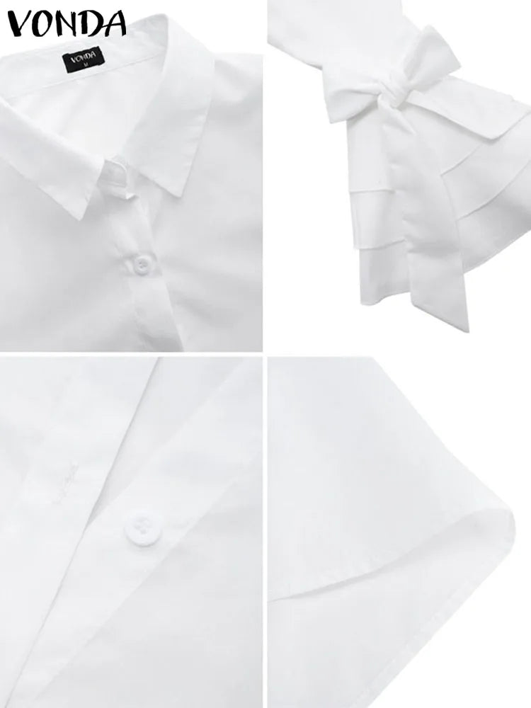 Close-up collage of a white dress shirt, showing the collar, button, sleeve, and bow detail. "Maramalive™" brand logo is visible at the top left. Perfect for a New Women Shirts Spring Summer Sexy Turn-down Collar Flare Sleeve Party Tops Office Shirt Casual Blusas collection.