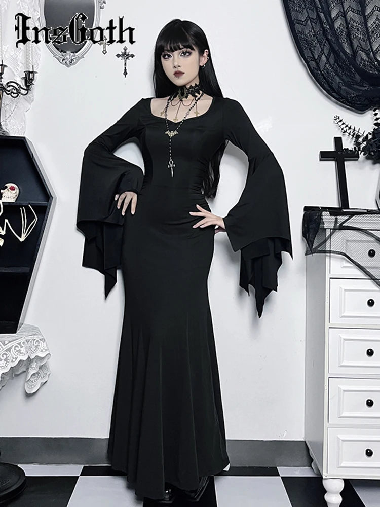 Gothic Halloween Dress Women's Sheath Witch Vintage Batwing Sleeve V Neck Long Mermaid Formal Gown Evening Dresses