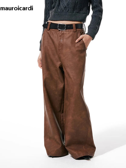 Long Loose Casual Brown Pu Leather Pants Men Wide Leg LUxury Designer Unisex Trousers Fashions 2023