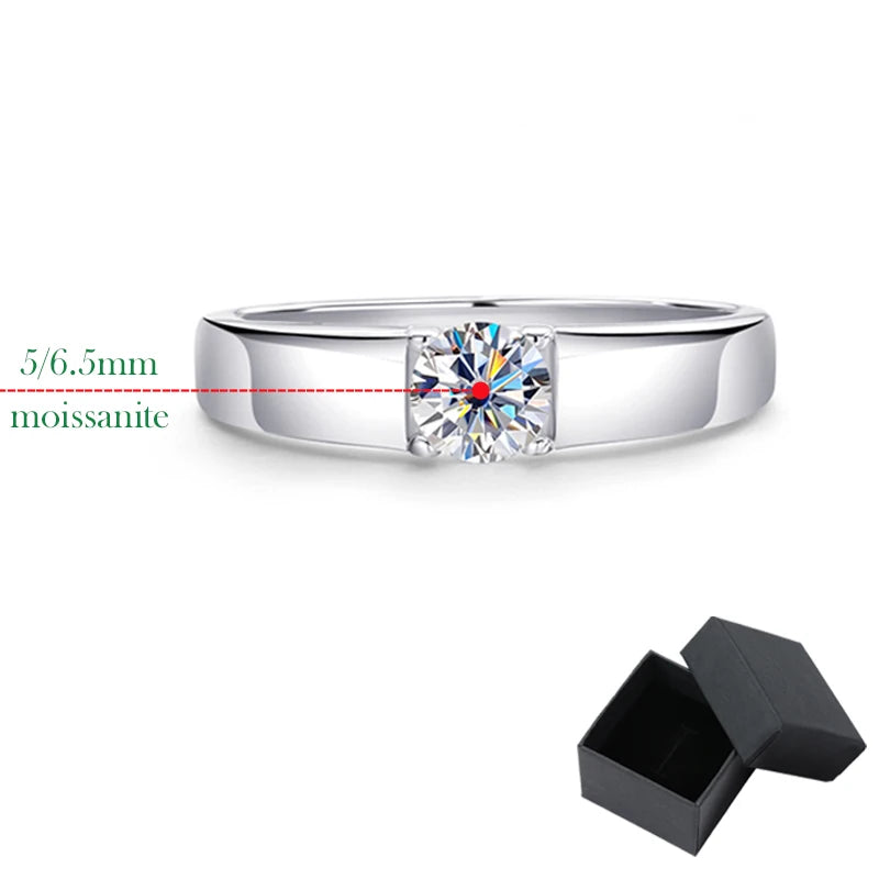 0.5CT 1CT Moissanite Ring for Men 925 Sterling Silver Simulation Diamond Wedding Band Classic Round Cut with GRA