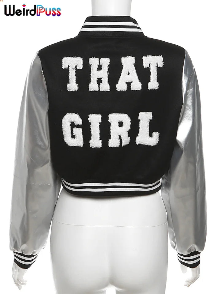 Rear view of a black and silver embroidery jacket with the words "THAT GIRL" in large, white, textured letters on the back. The brand name "Maramalive™" is visible in the top left corner, making it a standout piece in women's autumn/winter outerwear. This Fluffy Letter Short Jacket Varsity Women Hipster Leather Sleeve Patchwork Y2K Baseball Casual Wild Streetcoat Outwear is both stylish and unique.