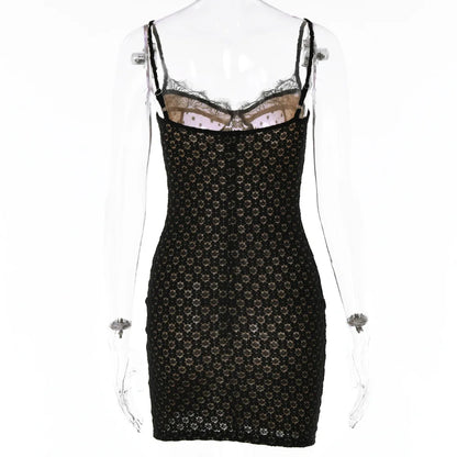Autumn Short Skirt Sexy Fashion Suspenders Backless Tight-Fitting Lace One-Word Collar Polka-Dot Black Dress Female