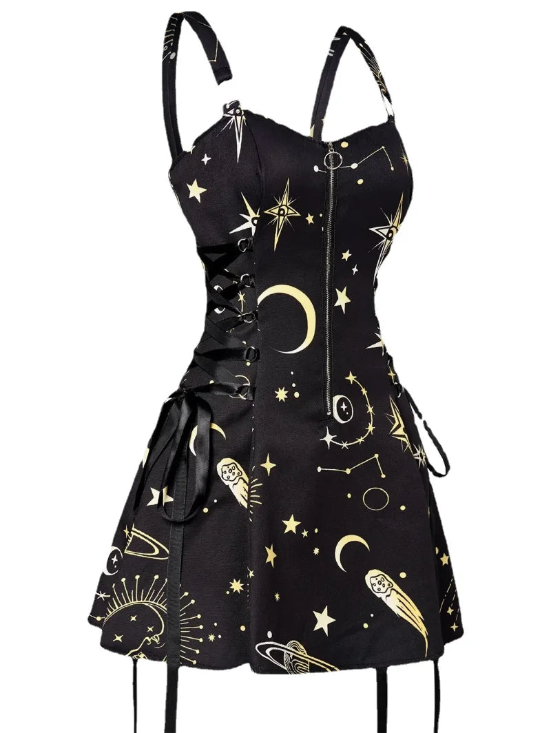 Fashion Sun Moon Print Lace Up Mini Dress Summer Sleeveless Gothic Dresses Women Square Neck Goth Vintage Clothes Y2k Vestidos