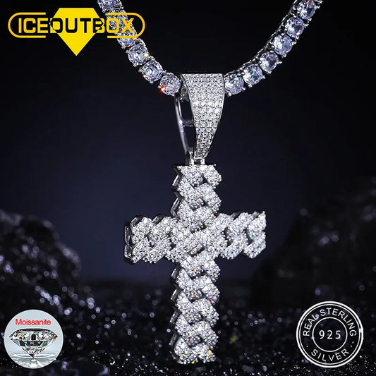 Men Women Hip Hop Cross Pendant Necklace With D VVS Moissanite Iced Out Bling 925 Sterling Silver Necklaces Hip Hop Jewelry Gift