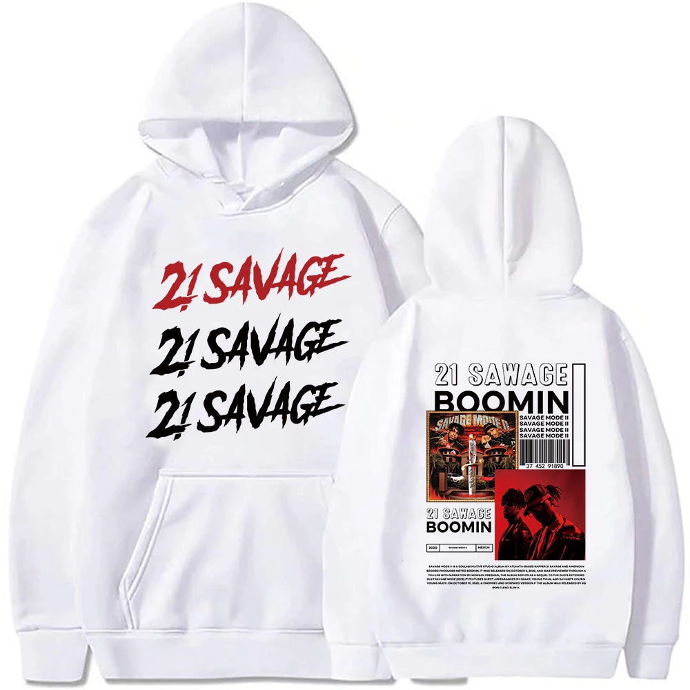Maramalive™ 21 Savage Story American Dream Hoodies Tour Merch Women Men Fashion Casual Long Sleeve Sweatshirts in casual style featuring "21 Savage" printed three times in black and red on the front, and a graphic of his album cover with text on the back. Perfect for fans seeking stylish men's clothing.