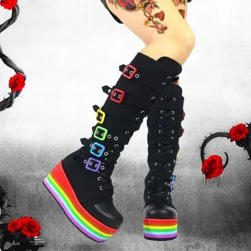 Brand Big Size 43 Fashion Gothic Rainbow Platform Buckles Zipper Colorful Great Quality Motorcycle Boots Woman Shoes