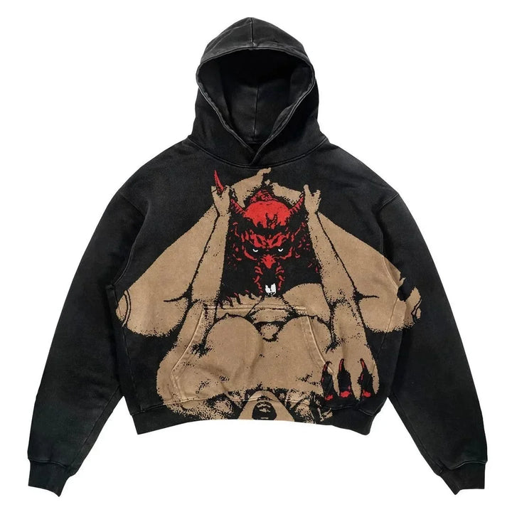 This black Explosions Printed Skull Y2K Retro Hooded Sweater Coat Street Style Gothic Casual Fashion Hooded Sweater Men's Female by Maramalive™, perfect for all four seasons, features a punk-style graphic of a red demonic face above two light beige hands set against a dark background.