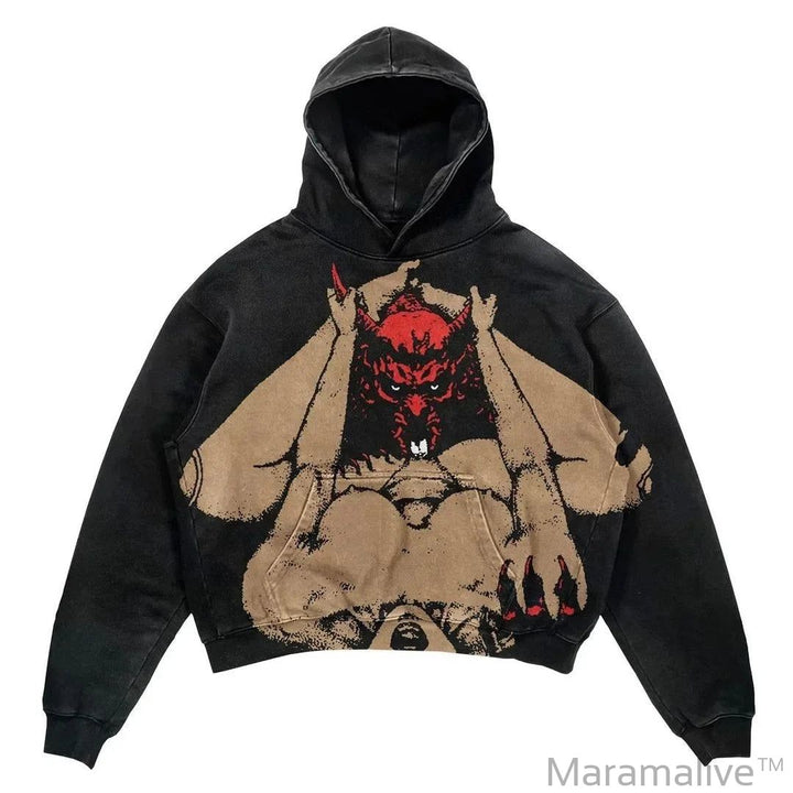 Explosions Printed Skull Y2K Retro Hooded Sweater Coat Street Style Gothic Casual Fashion Hooded Sweater Men's Female