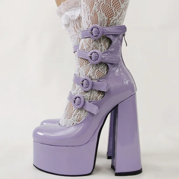 Purple Lolita Women's High Heels 15cm with Thick Bottom Buckle Round Head Hollow Out for Comfort Sweet Sandals