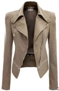 Fawn, edgy, gothic-style faux leather jacket.