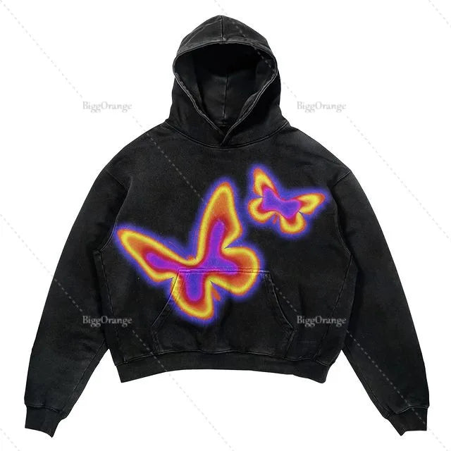 A Maramalive™ Explosions Printed Skull Y2K Retro Hooded Sweater Coat Street Style Gothic Casual Fashion Hooded Sweater Men's Female in black featuring two colorful, heatmap-like butterfly designs on the front.