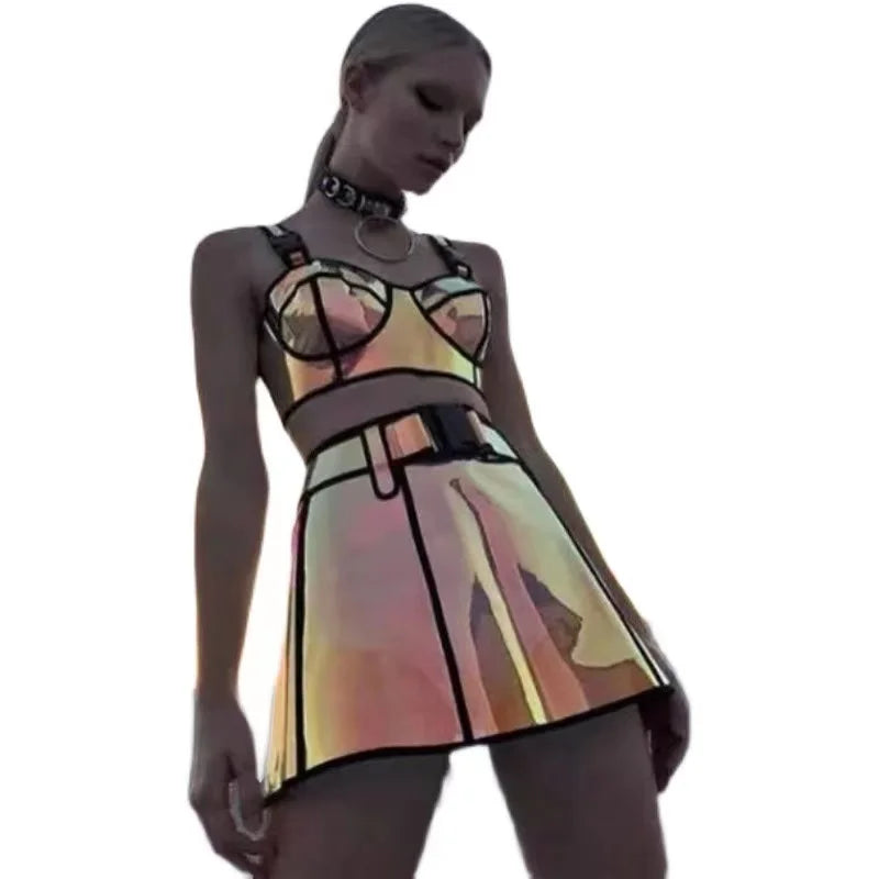Laser Reflective Colorful Bikini Set Bra Skirt 2pcs New Nightclub Bar GOGO Performance Costume Singer Dance Stage Club PartyWear
