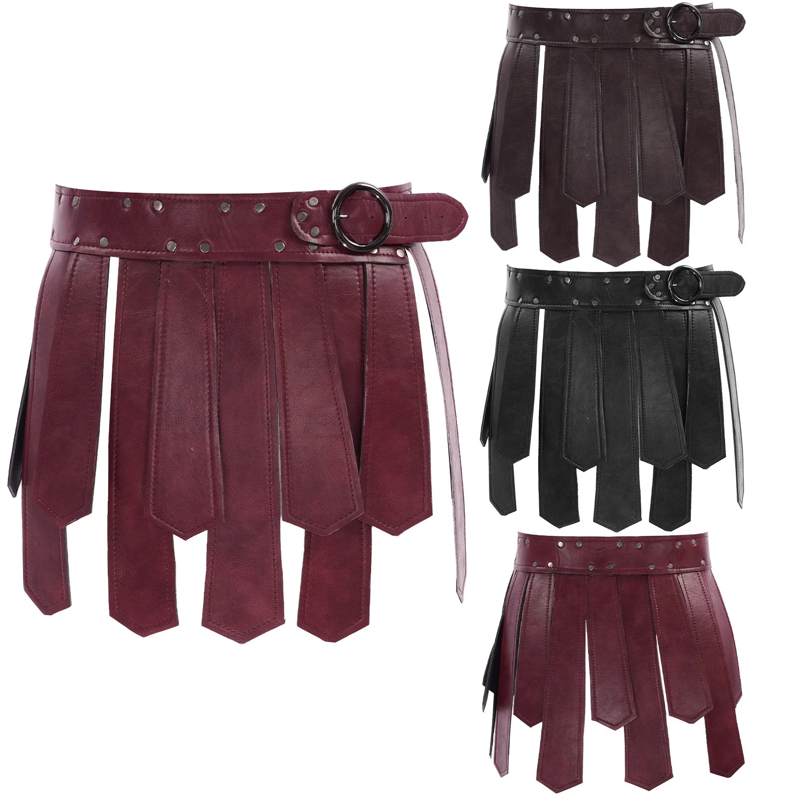 Four Maramalive™ Ancient Greek Roman Gladiator Gothic Steampunk Belt Skirt Adult Men Halloween Carnival Party Cosplay Roman Soldier Costume with flared, tabard-like panels in dark red and black, reminiscent of a punk style skirt.