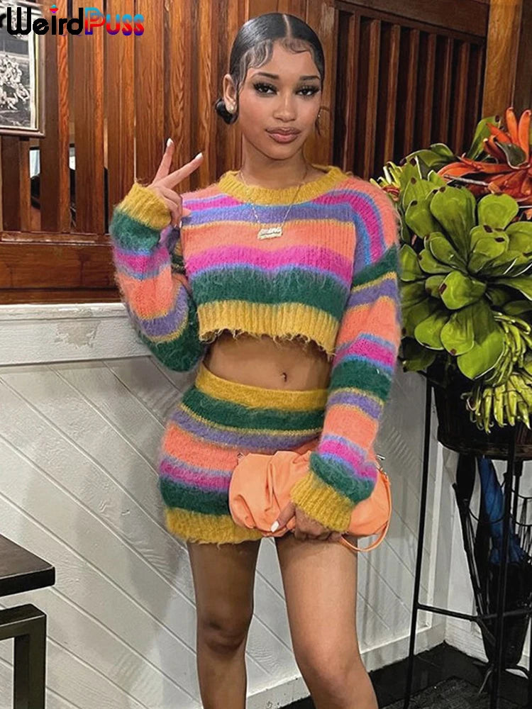 Fall Knit Women 2 Piece Set Tracksuit Casual Colorful Sweater Long Sleeve Crop Tops+Mini Skirts Matching Streetwear