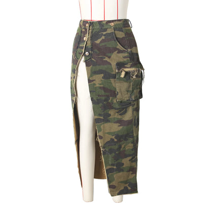 Women's Fashion Personality Camouflage Wash Water Pocket Slit Fringe Skirt Summer Non-Elastic Casual Sexy Denim Bag Hip Skirt