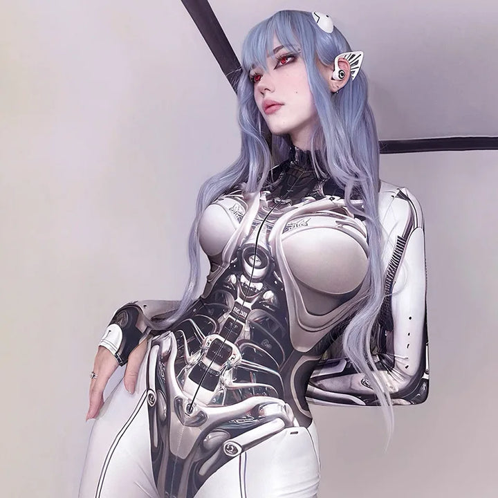 A person with long icy blue hair wearing a futuristic, mechanical-themed bodysuit and headgear in a minimalist setting, blending elements of Harajuku cosplay is dressed in the Maramalive™ Goth Dark 3D Printed Cosplay Bodycon Jumpsuits Y2k Techwear Long Sleeve Gothic Punk Playsuits Anime Women Mock Neck Zip Bodysuit.