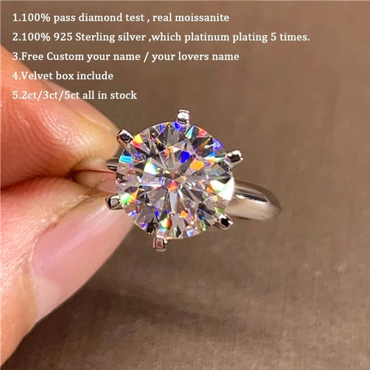 Classic 6 Prongs 5 Carat Round Moissanite Rings 925 Sterling Silver Plated 14K Gold High Clarity D Color Diamond Woman Jewelry