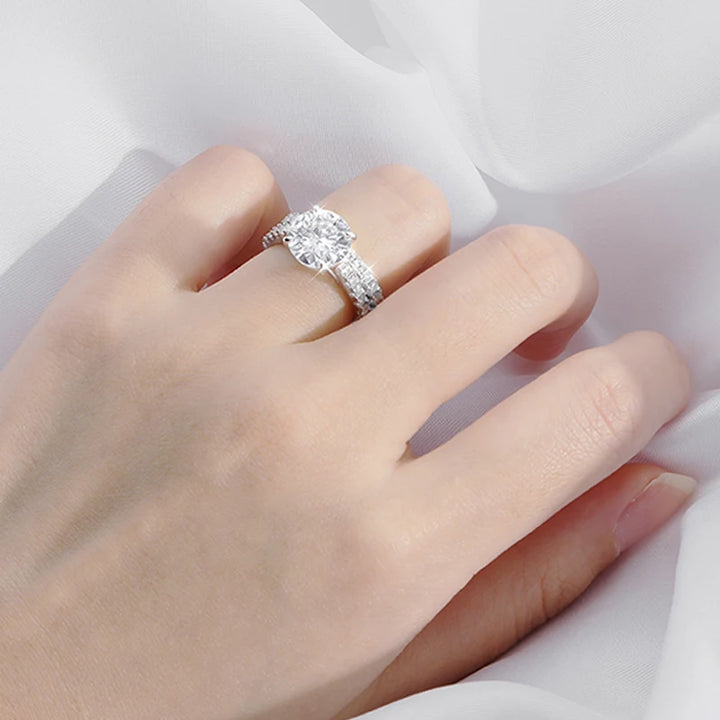 Elegant sterling silver moissanite engagement rings.