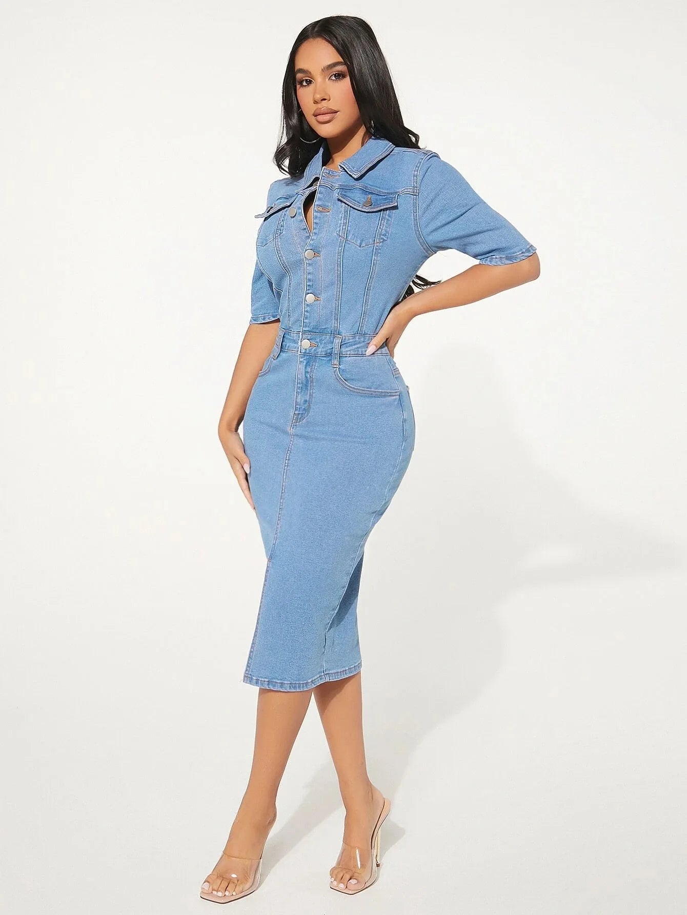Ladies Mid-Length Jean Skirt Fashion Wrap Hip Women's Shirt Collar Slim-Fit One Step Denim Dress