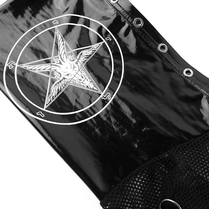 Close-up of a black fabric with a white pentagram design and metallic eyelets along the edge, perfect for those who love Gothic fashion and Maramalive™ Goth Dark Grunge Punk Fishnet Zip Up Cardigans Mall Gothic Faux Pu Hooded Crop Jackets Women Sexy Streetwear Club Alt Smock Tops.