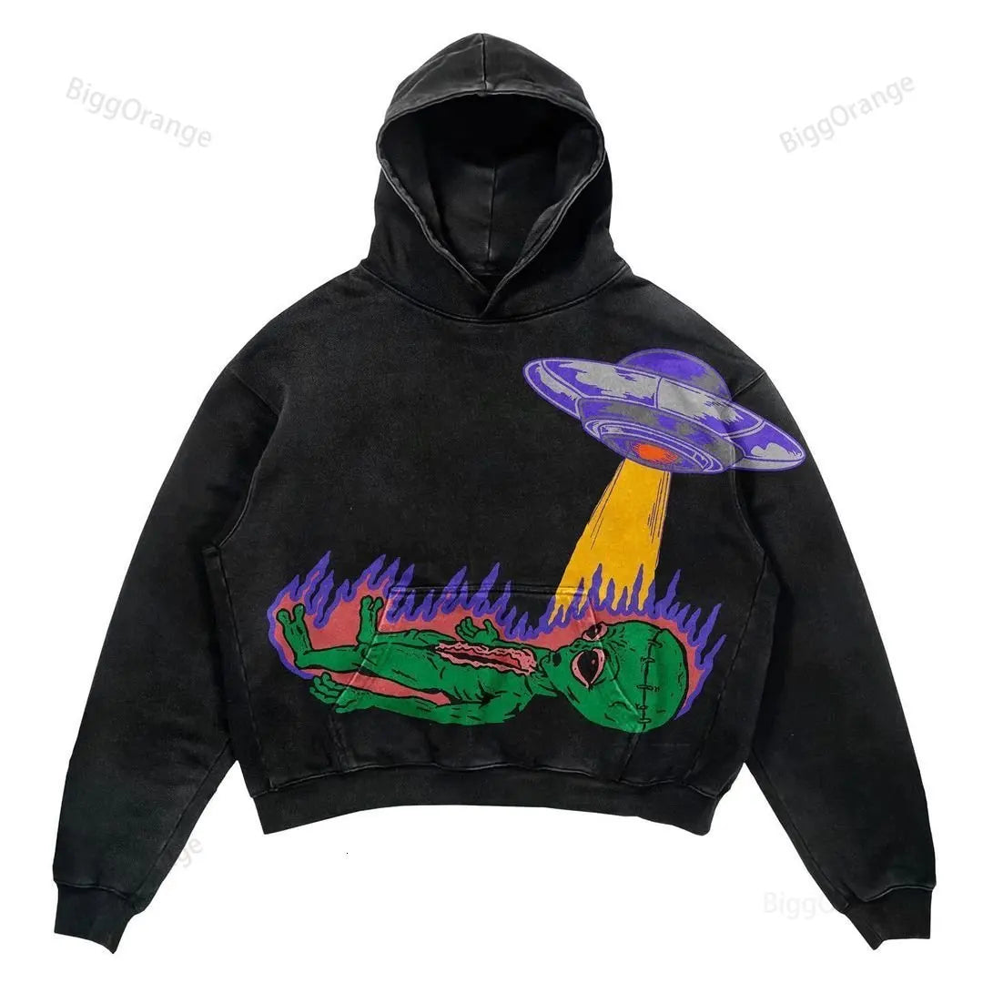 Retro Maramalive™ Explosions Printed Skull Y2K Retro Hooded Sweater Coat Street Style Gothic Casual Fashion Hooded Sweater Men's Female in black featuring a graphic of an alien being beamed up by a UFO, with flames surrounding the scene.