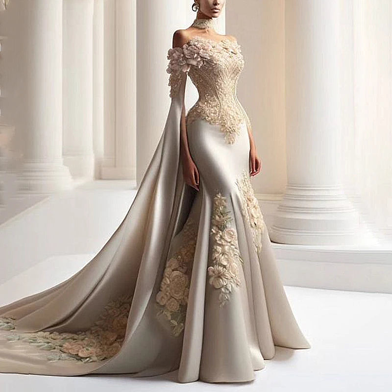 Elegant Long 3D Flowers Evening Dresses for Women Satin Floor-Length Mermaid Prom Party Gala Special Events Wedding Dress 2024