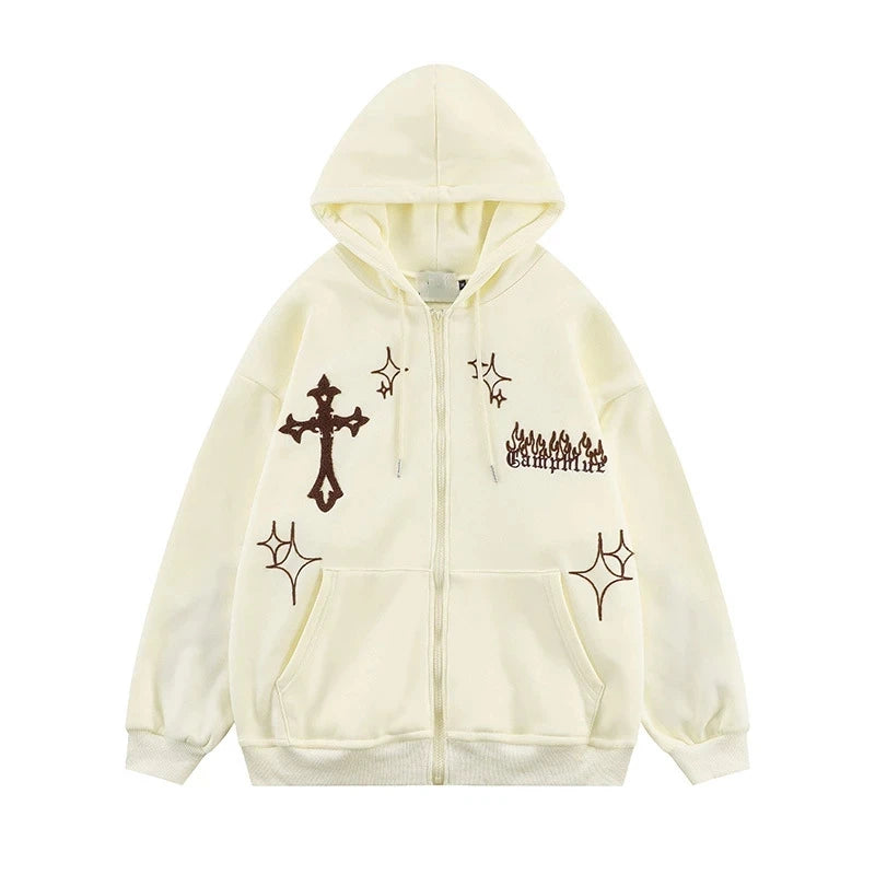 A Maramalive™ Goth Embroidery Hoodies Women High Street Retro Hip Hop Zip Up Hoodie Loose Casual Sweatshirt Hoodie Clothes Y2k Tops, featuring a cross and starburst design on the left chest area and a flame graphic with text on the right chest area.